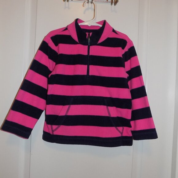 HANNA ANDERSSON Girls 100 sz 4 PInk Blue Striped Fleece Pullover 1/4 Zip Excelle - Picture 1 of 3